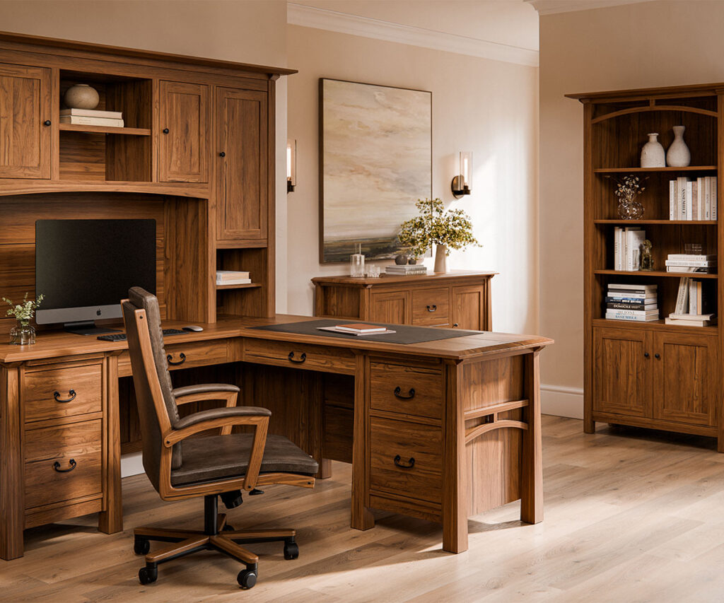 Choosing the Right Wood Species for Your Home 5 Hickory home office with L-shaped desk, bookcase, and computer in warm neutral room.