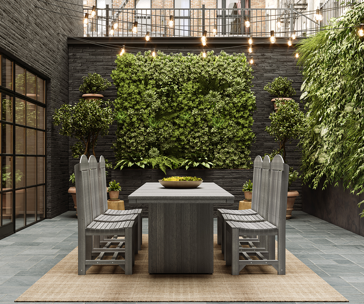 Modern outdoor furniture with matching benches beneath string lights