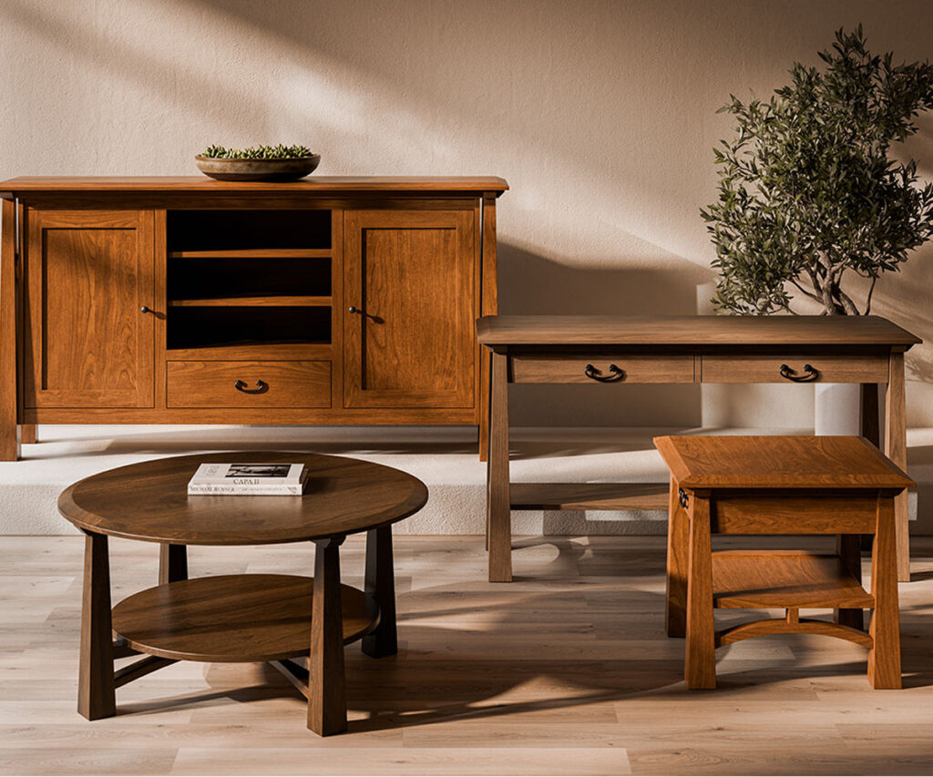 Forks Valley Woodworking Artesa Collection Stylized Room Setting Round Coffee Table Final cropped