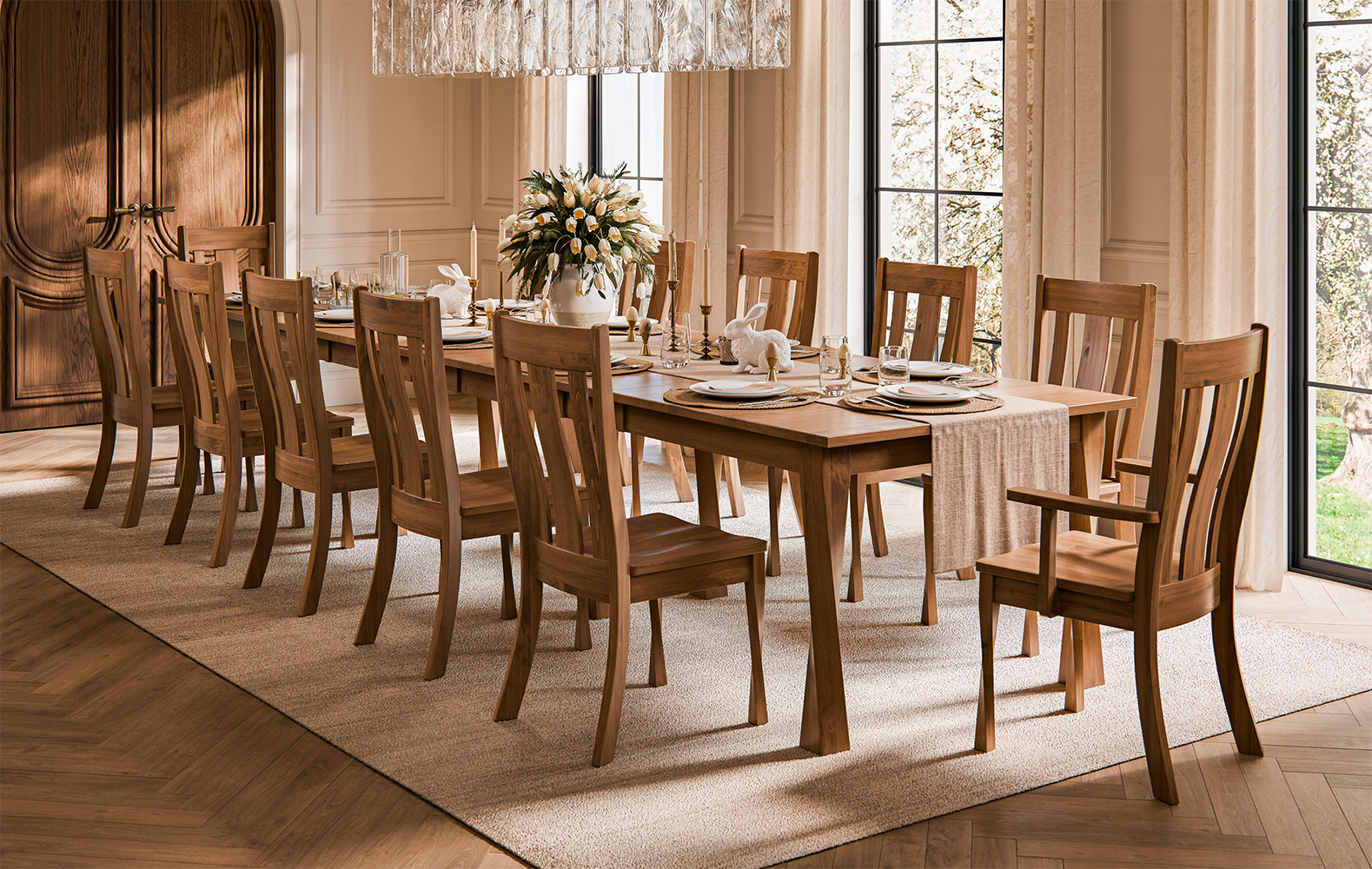 West Point Woodworking Lexington Leg Table Easter Room Setting Brown Maple Almond Final banner