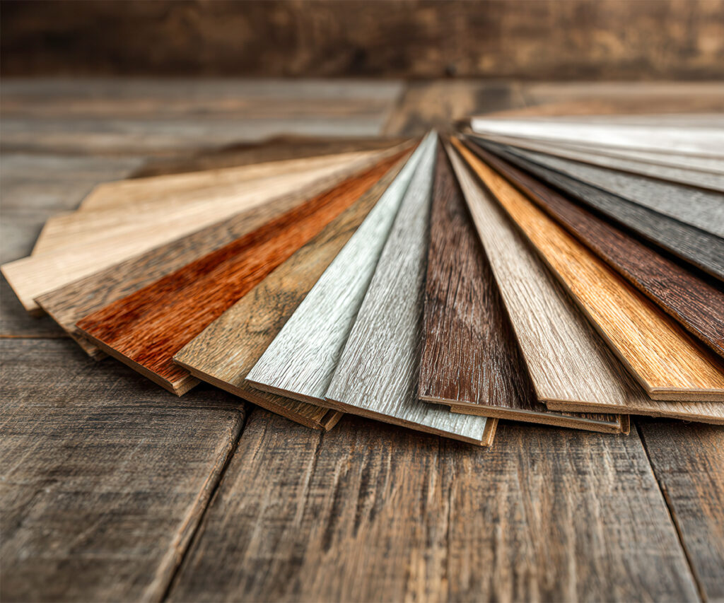 Why Americans Are Buying Amish-Made Furniture 6 Wood finish samples spread across a rustic table for furniture customization