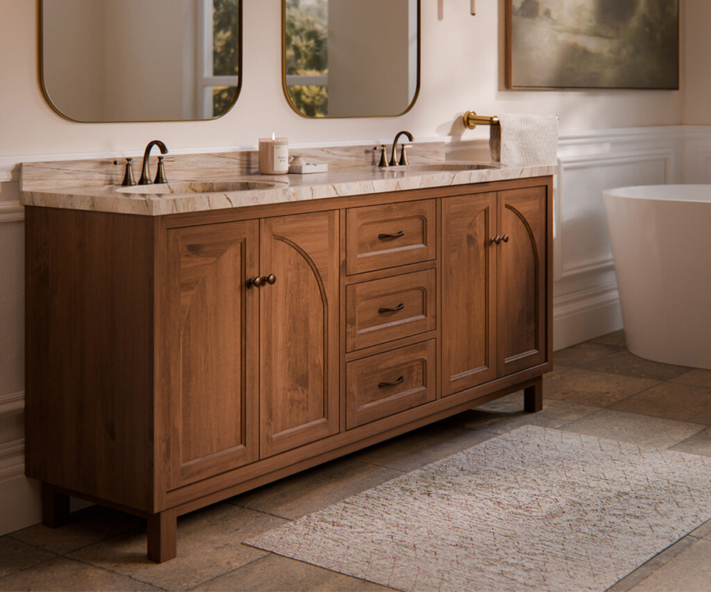 Why Americans Are Buying Amish-Made Furniture 10 Solid wood bathroom vanity in a warm, elegant bathroom