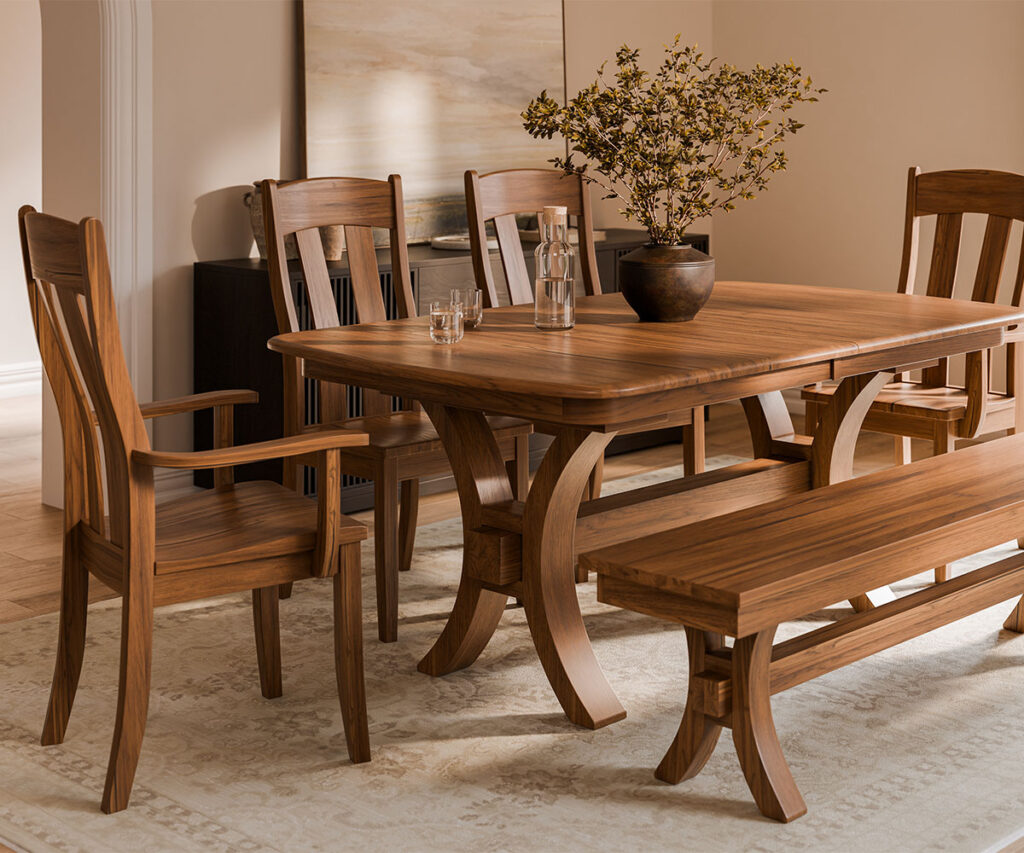 Solid wood dining room furniture table with matching chairs and bench