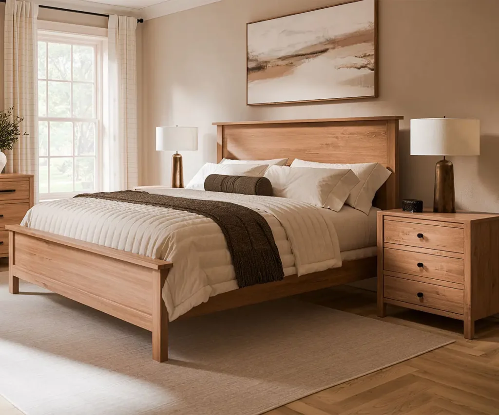 Brown maple flat-panel bed with matching three-drawer nightstands.