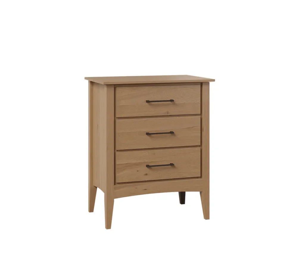 Rustic hickory three-drawer nightstand with slim black handles.