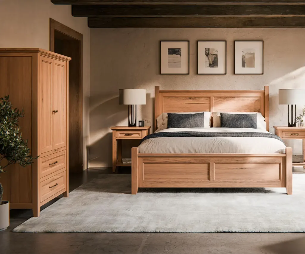 White oak panel bed with matching nightstands and a tall storage cabinet.