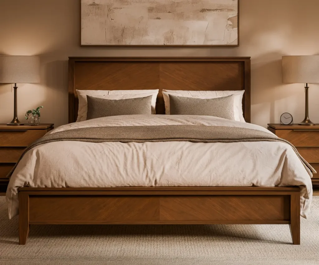 Sap cherry bedroom set with geometric wood panels and coordinating nightstands.