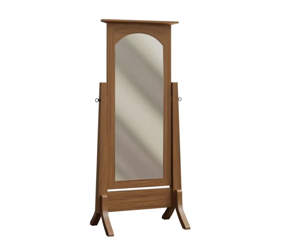 Rustic hickory cheval floor mirror with an arched wood frame.
