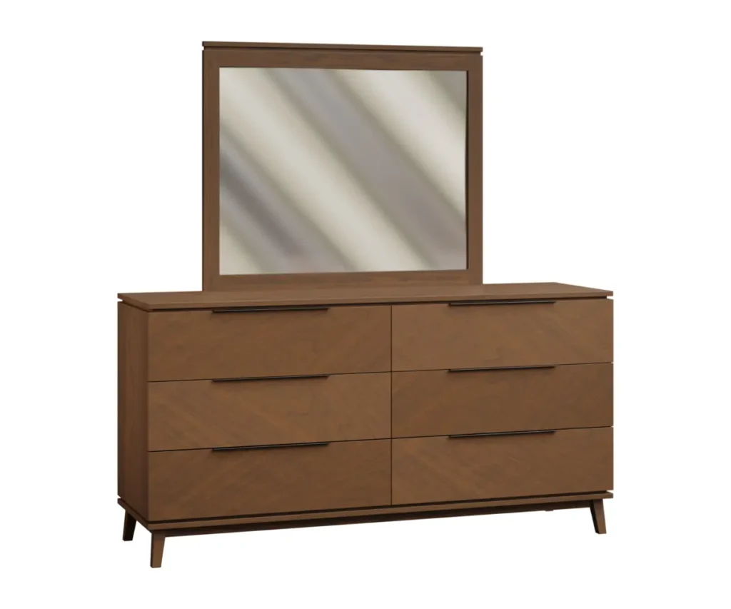 Six-drawer sap cherry dresser with a matching framed mirror.