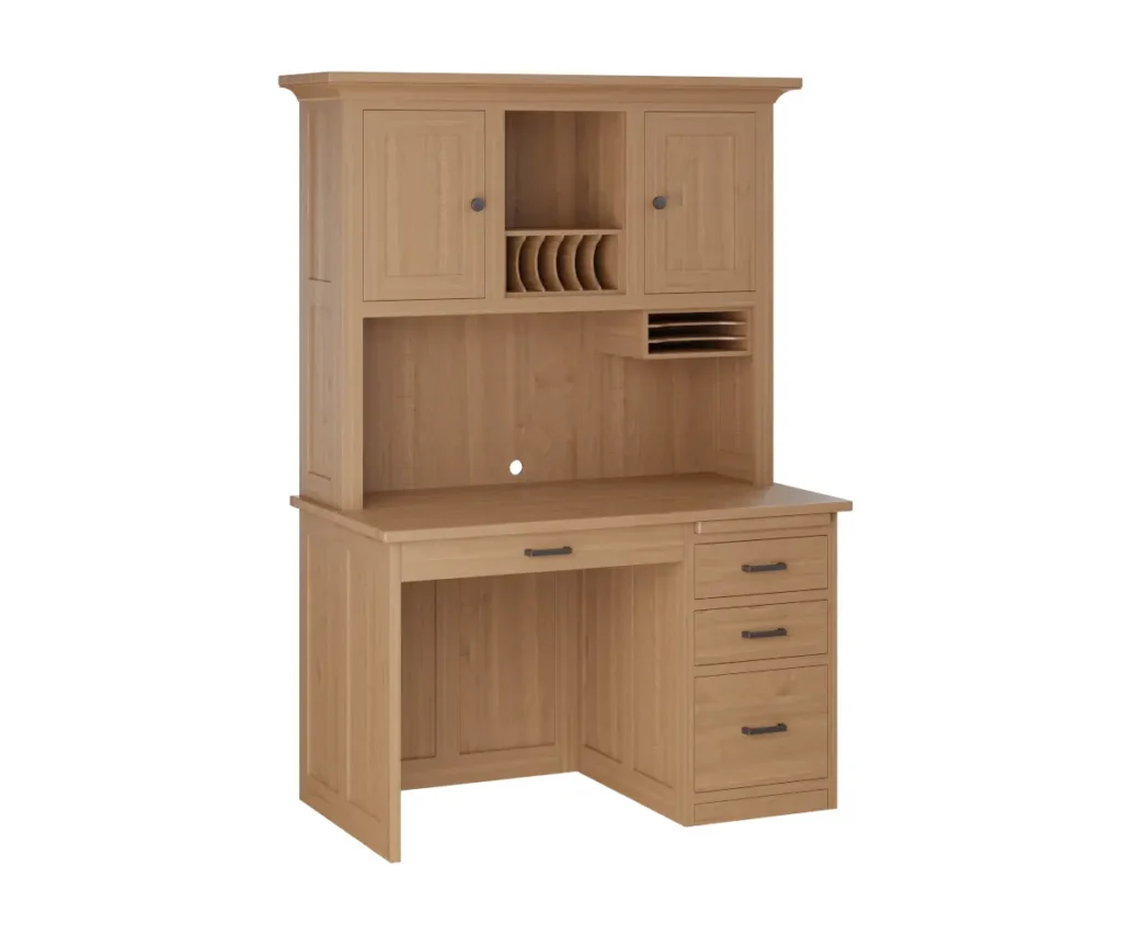 Solid wood computer desk with upper hutch, storage cabinets, drawers, mail slots, and open workspace.