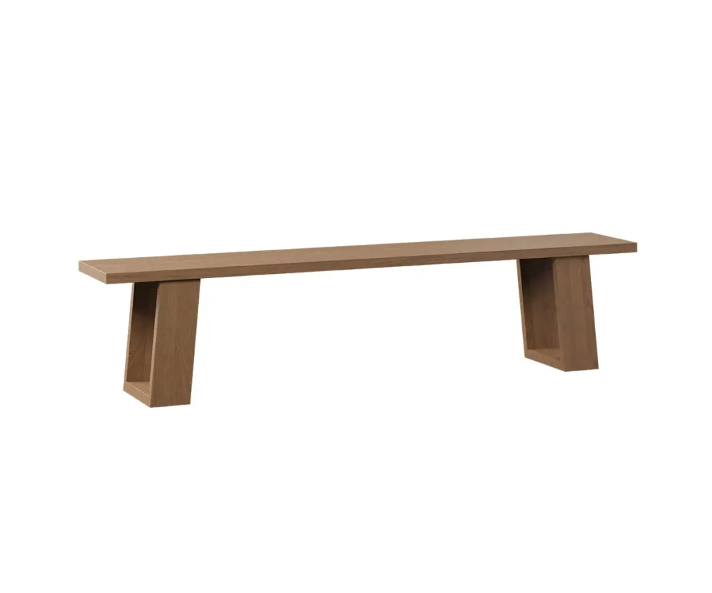 Minimalist solid wood bench with a long rectangular seat and angled pedestal-style legs.