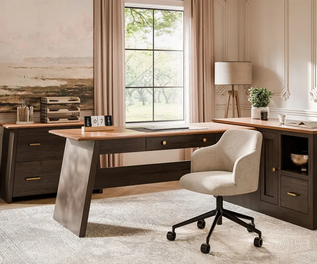Traditional home office with a large wood desk, built-in storage cabinets, upholstered chair, and warm neutral décor.