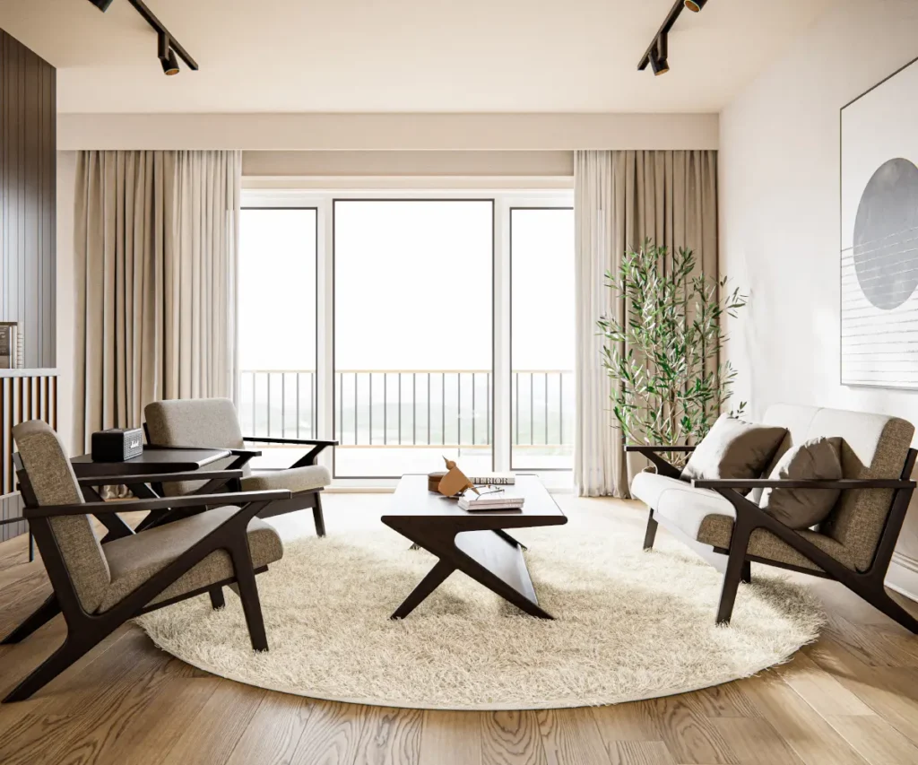 Bright modern living room furnished with wood-framed lounge chairs, matching sofa, and sculptural coffee table.