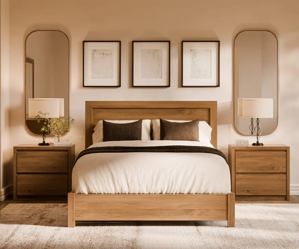 Warm wood bedroom set with a panel bed, matching nightstands, lamps, tall mirrors, and neutral bedding.