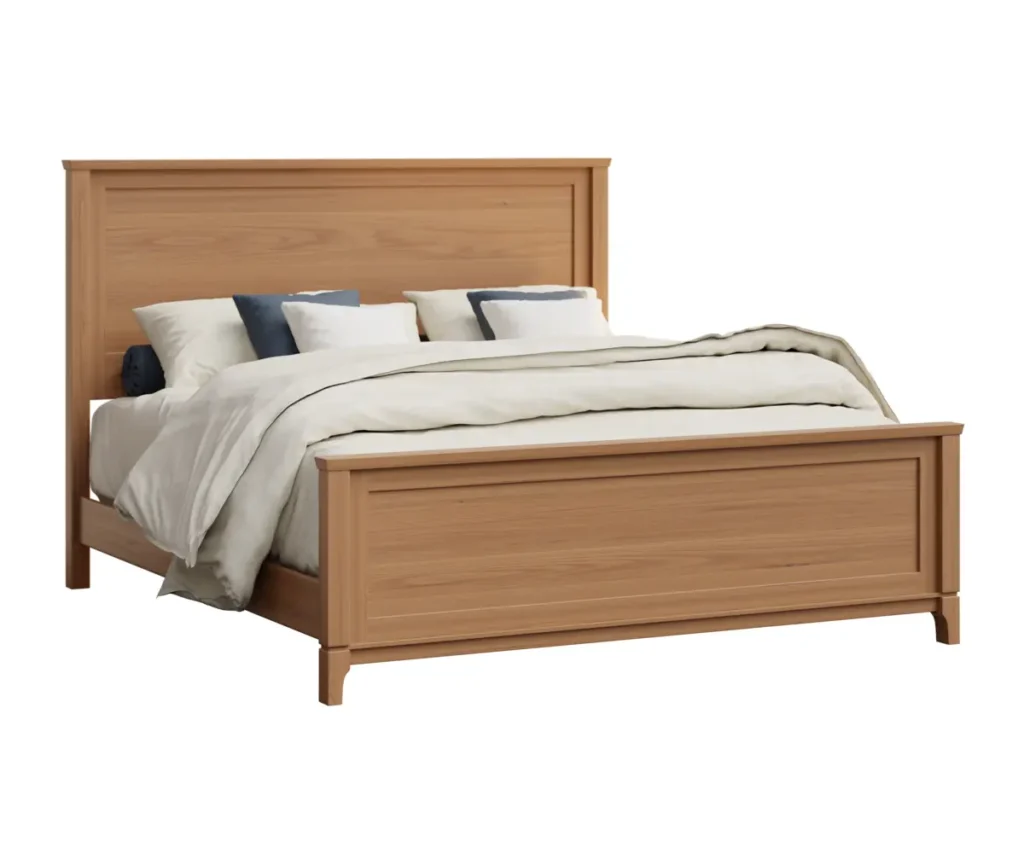 Natural wood panel bed with tall headboard, matching footboard, and layered white bedding.