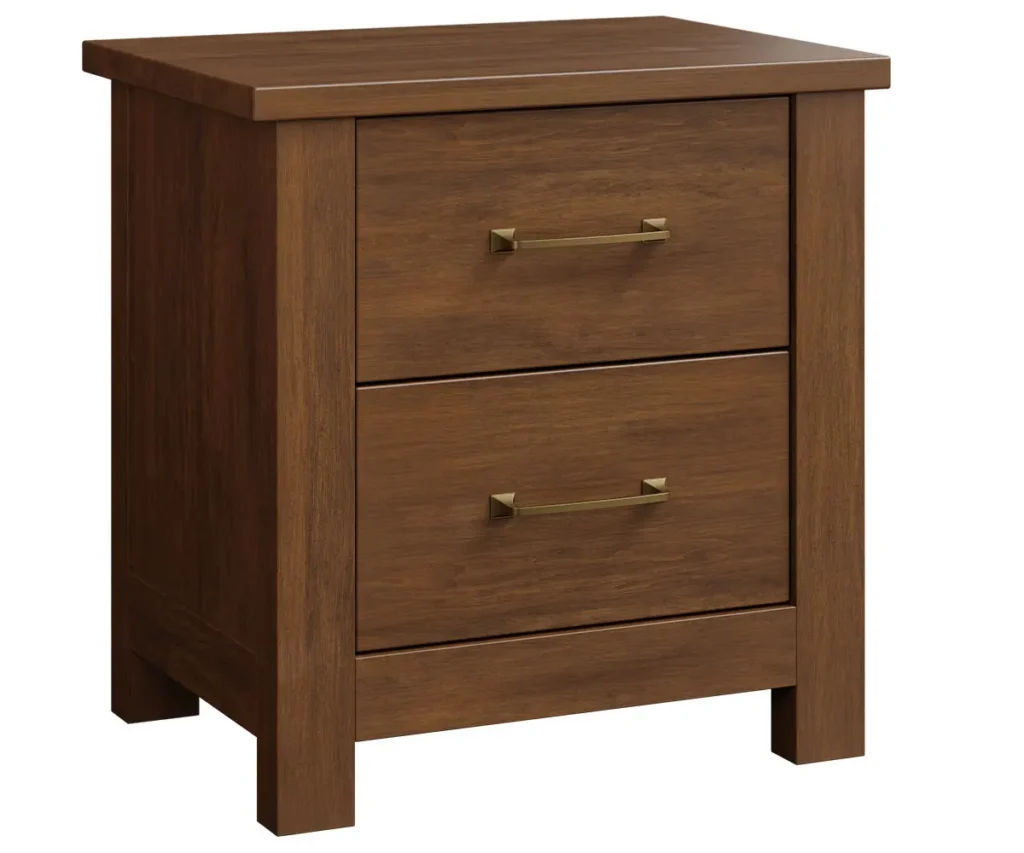 Two-drawer solid wood nightstand with square legs and brass-tone horizontal drawer pulls.