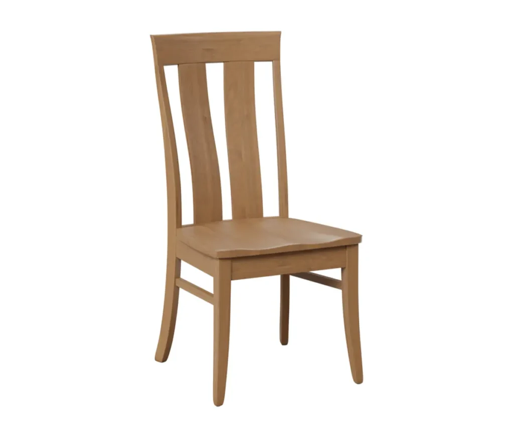 Natural wood dining chair with a gently curved slat back, solid seat, and tapered legs.
