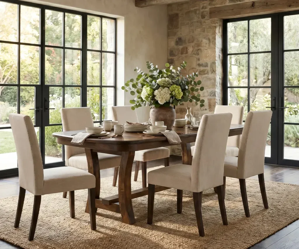 Rustic dining room with a solid wood table, six upholstered chairs, floral centerpiece, and large black-framed windows.